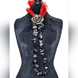 Handcrafted Rose Snowflake Obsidian on Ribbon Necklace